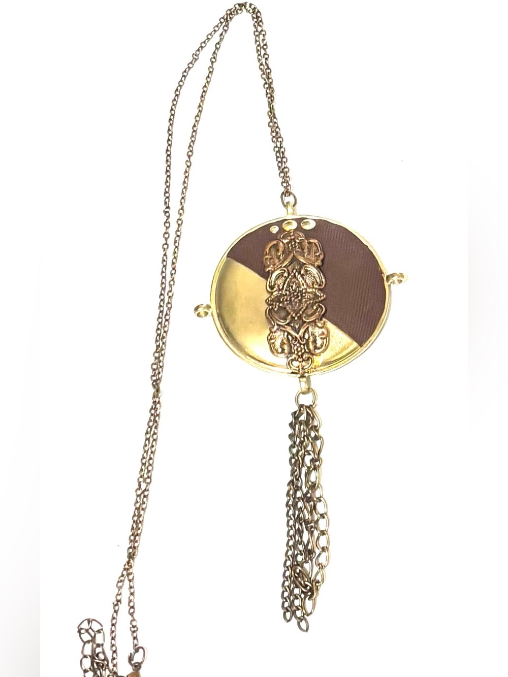 Vintage Gold and Brown Round Filigree Tassel Necklace - Women Jewelry